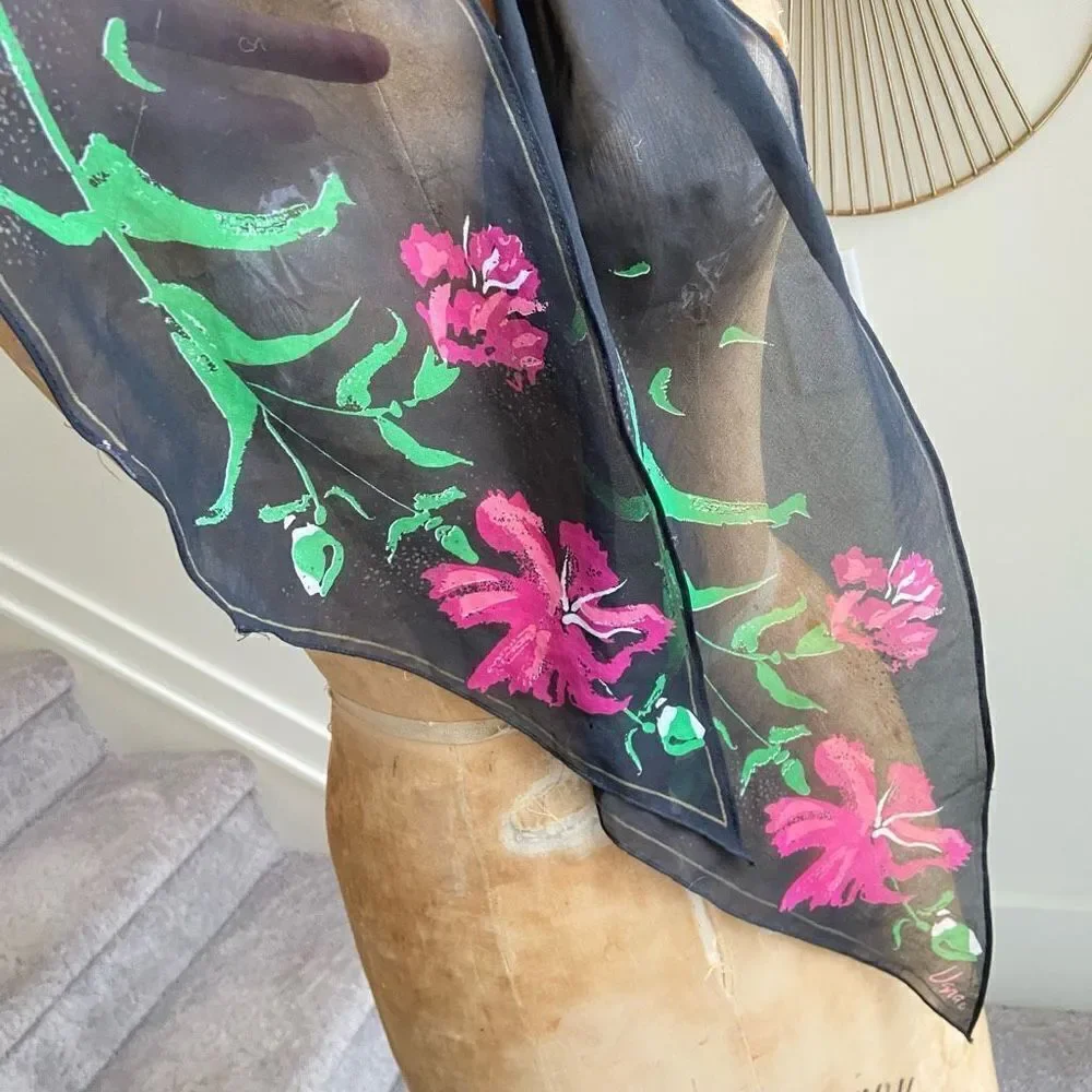 Vera Neumann Vintage Neck Scarf Black with Magenta & Green Floral Print - 60